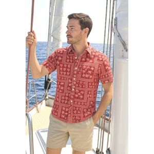 Tori‎ Richards Mens Red Tropical Palm Tree Bandana Print Button Up Shirt sz S